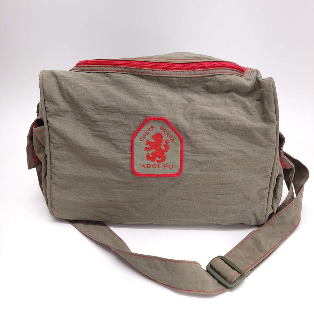 Adolfo Costa Brava Messenger Bag Olive Taupe Red Contrast Stitch Vintage Travel